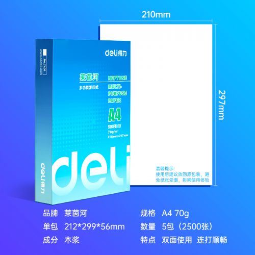 得力(deli)莱茵河A4打印纸 70g克500张*5包一箱 口碑优选复印纸 双面草稿纸 整箱2500张 7401